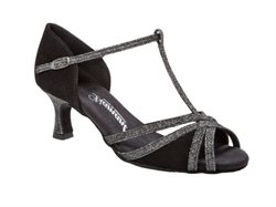 Diamant sort dansesko i ruskind med sølv brokade